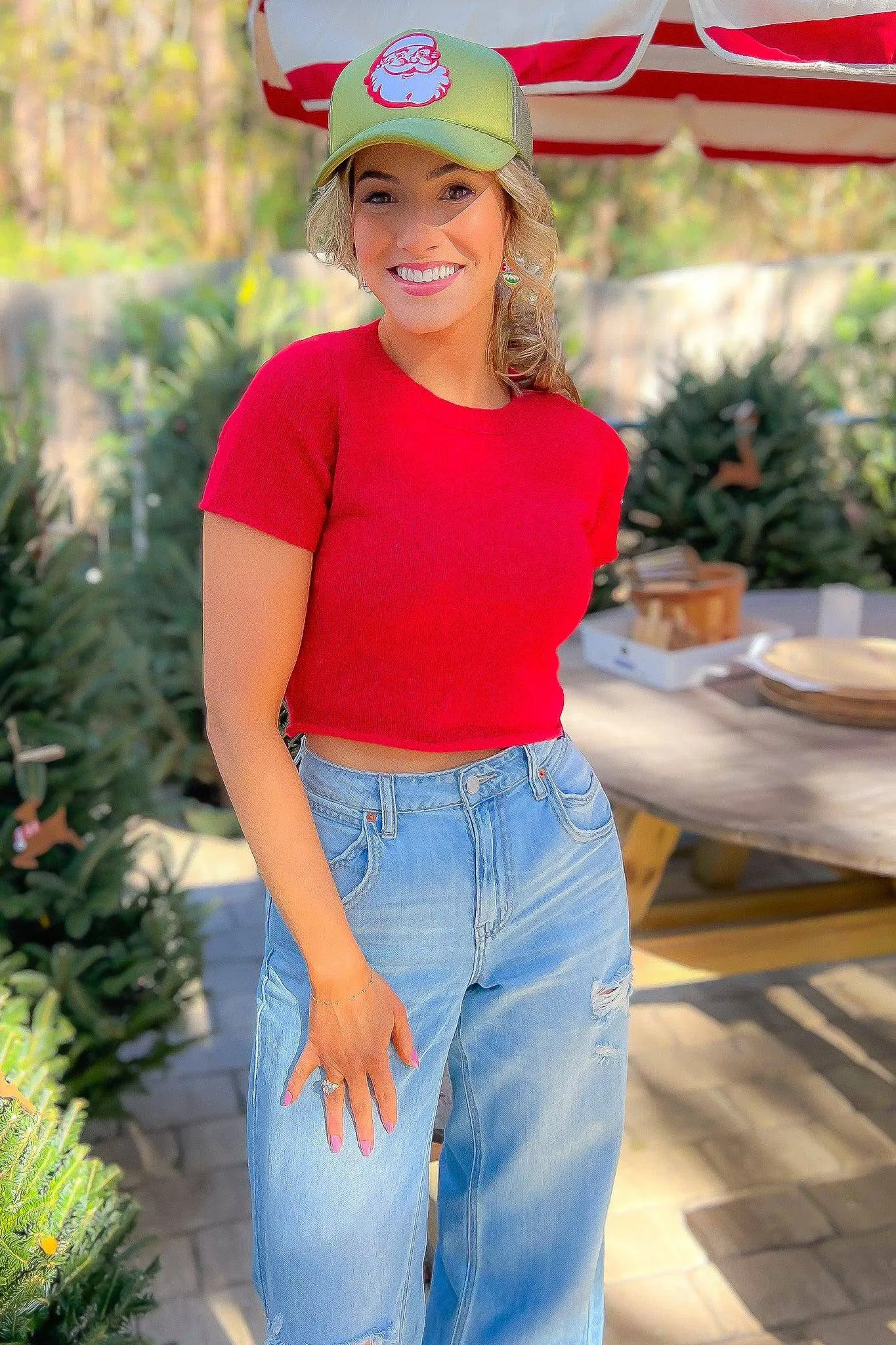 All About Red Short Sleeve Ribbed Crop Sweater