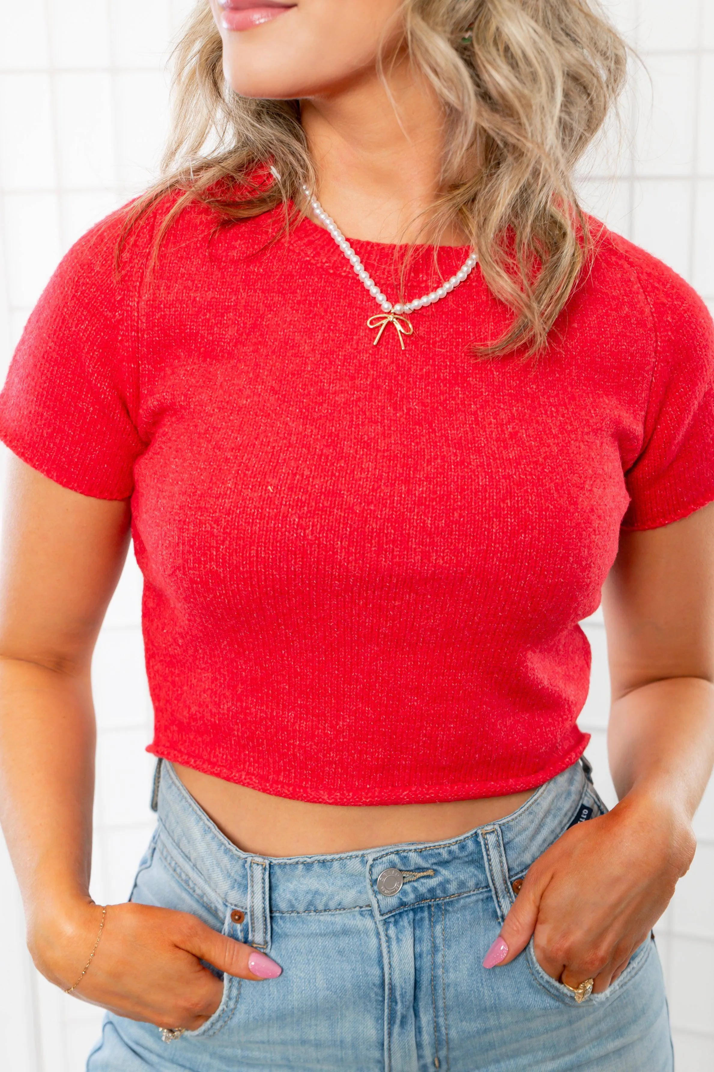 All About Red Short Sleeve Ribbed Crop Sweater