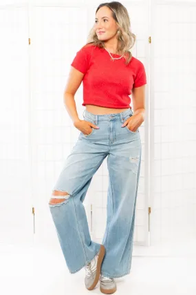 All About Red Short Sleeve Ribbed Crop Sweater