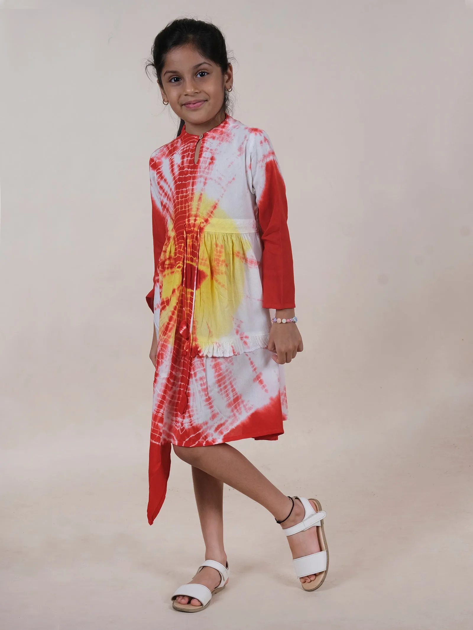 Asymmetric Hem Full Sleeves Tie Dye Dress With Frill Detailing