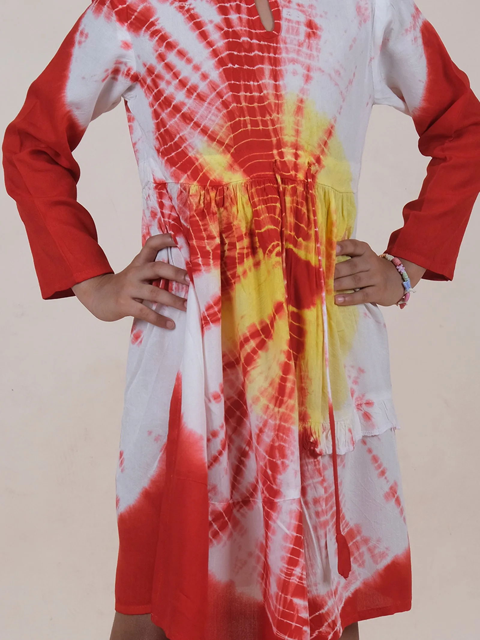Asymmetric Hem Full Sleeves Tie Dye Dress With Frill Detailing
