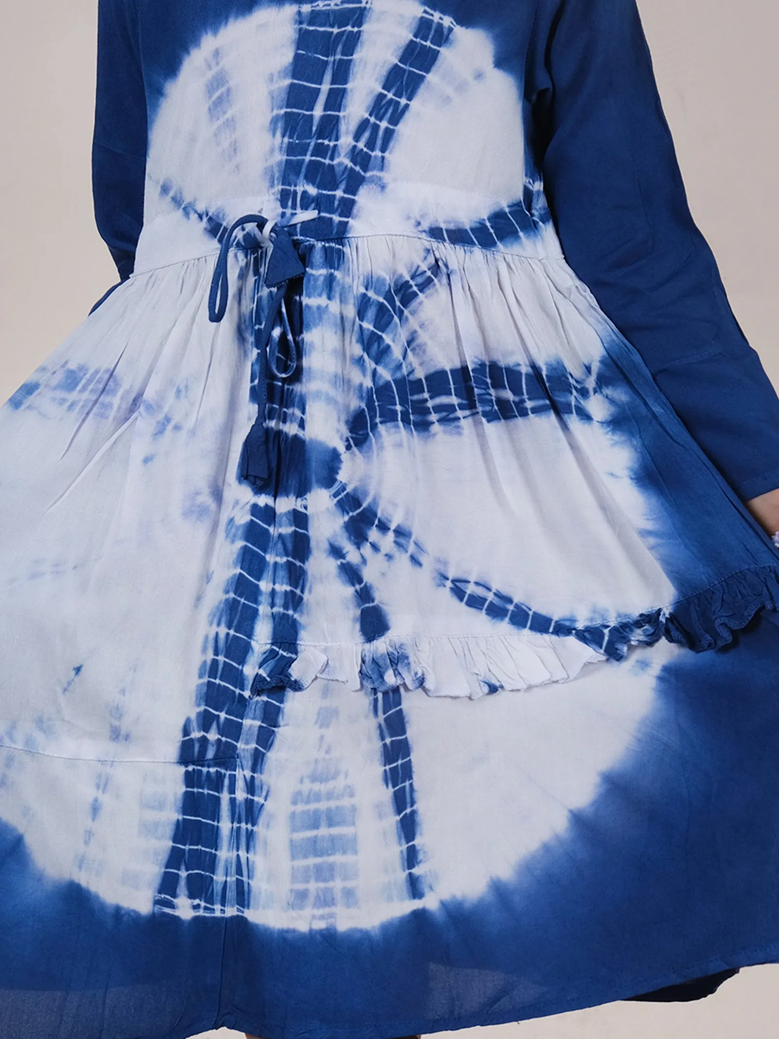 Asymmetric Hem Full Sleeves Tie Dye Dress With Frill Detailing