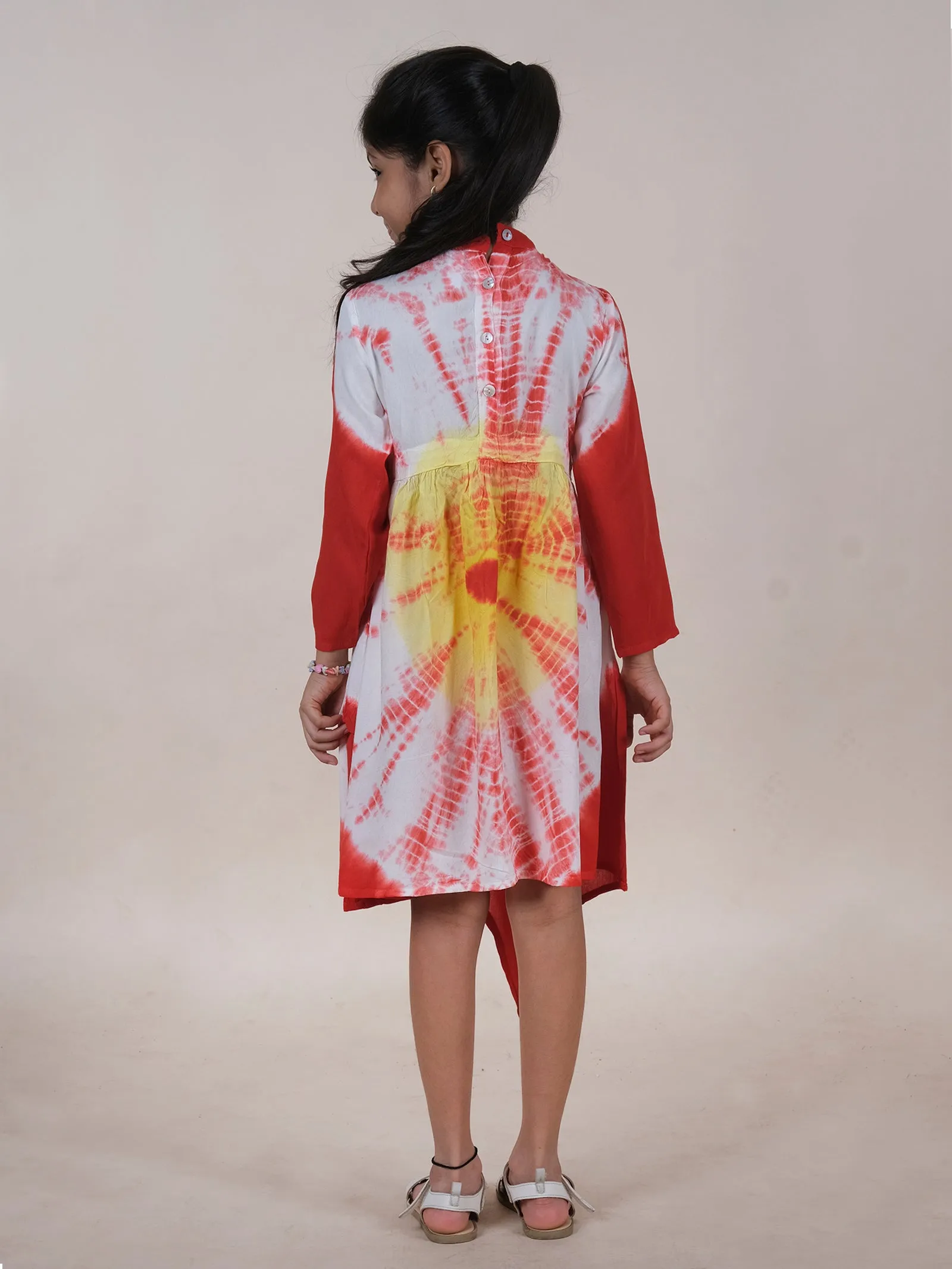 Asymmetric Hem Full Sleeves Tie Dye Dress With Frill Detailing