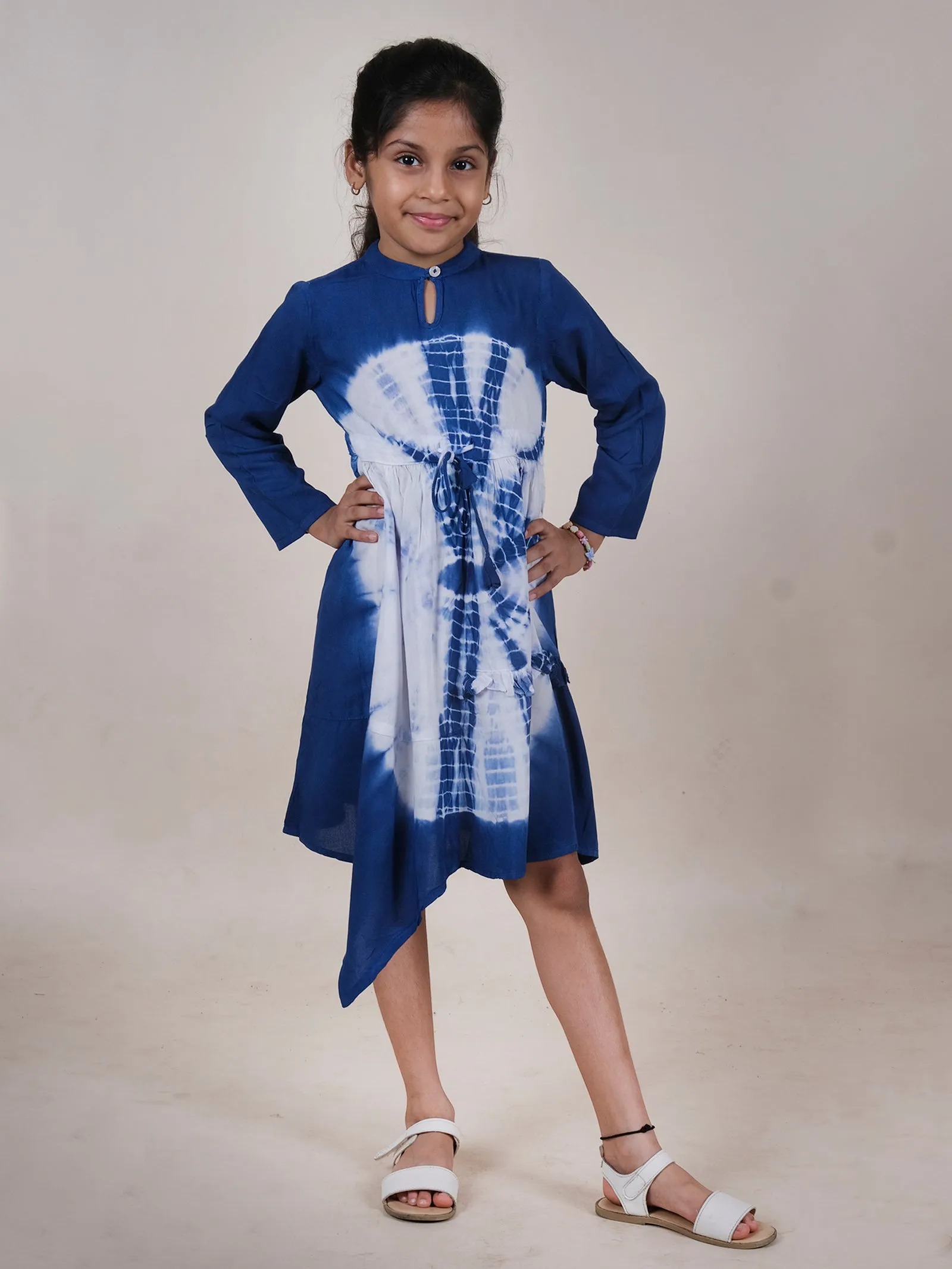 Asymmetric Hem Full Sleeves Tie Dye Dress With Frill Detailing