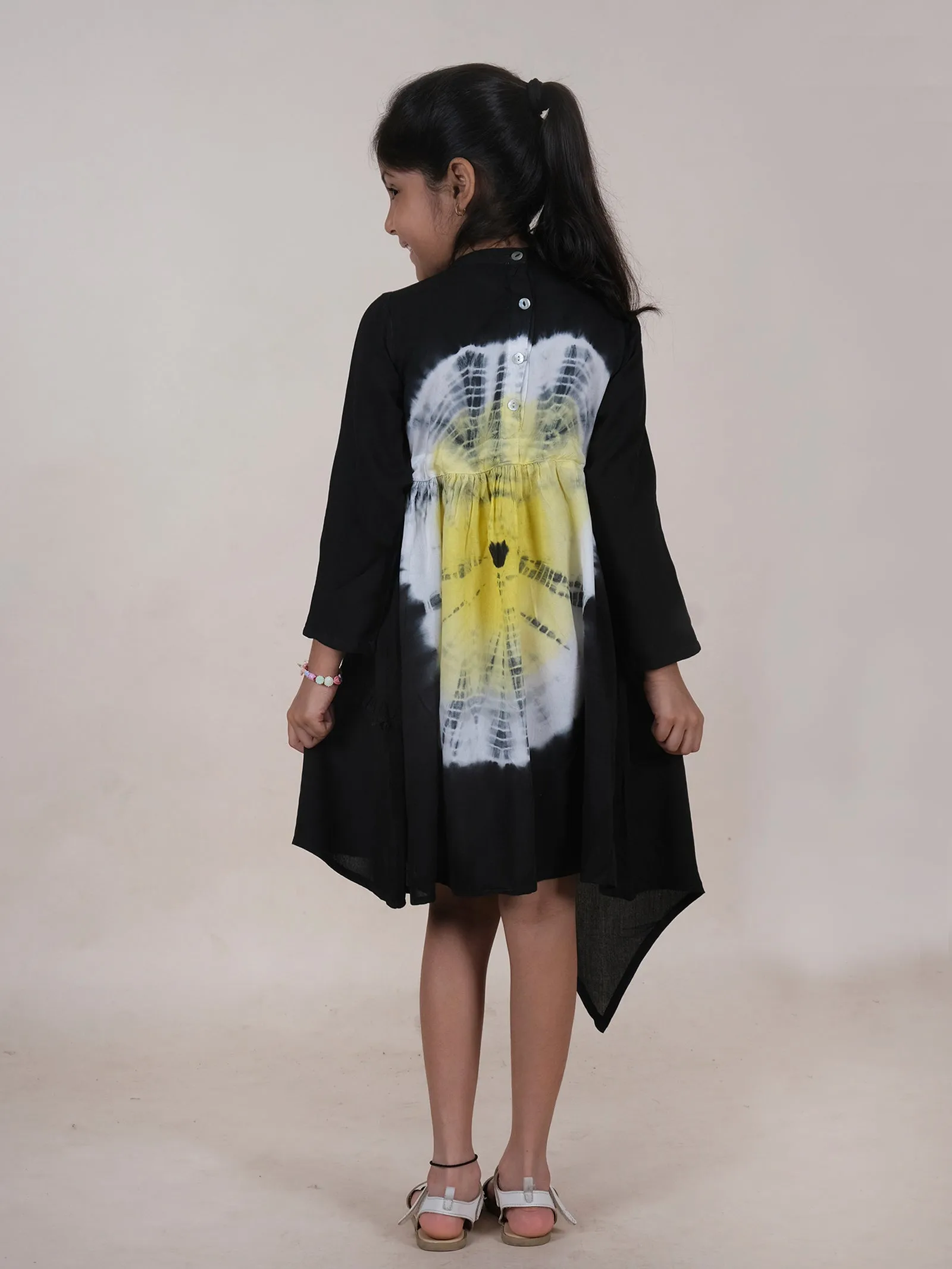 Asymmetric Hem Full Sleeves Tie Dye Dress With Frill Detailing