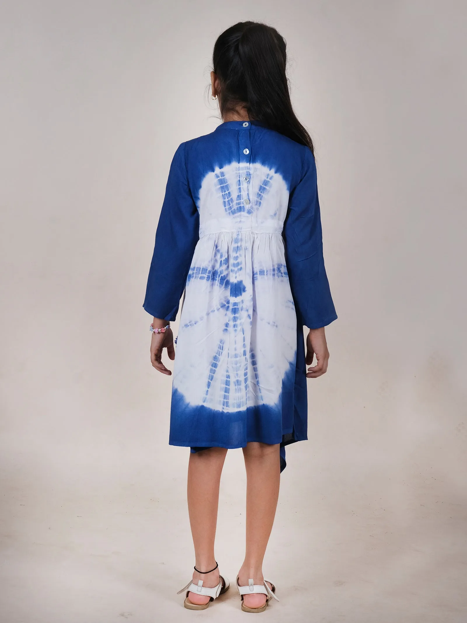 Asymmetric Hem Full Sleeves Tie Dye Dress With Frill Detailing