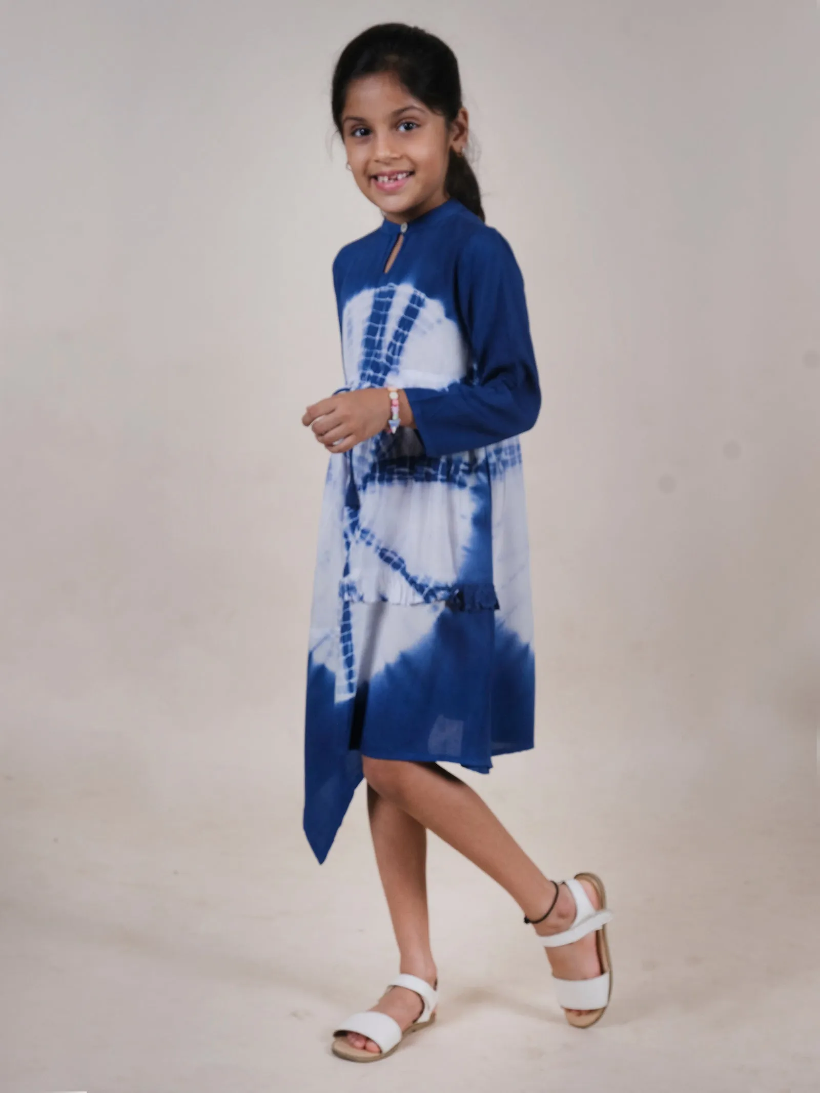 Asymmetric Hem Full Sleeves Tie Dye Dress With Frill Detailing