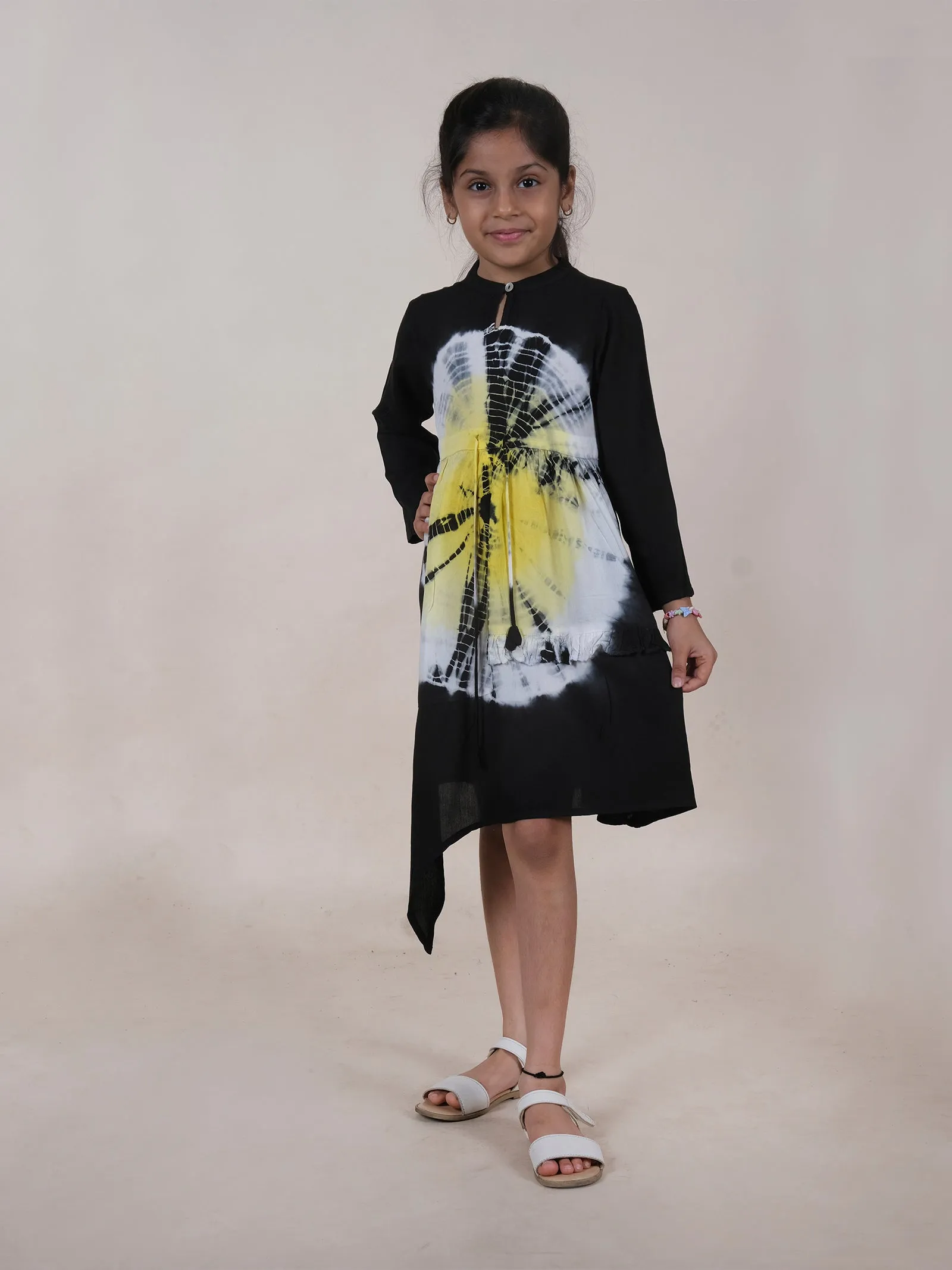 Asymmetric Hem Full Sleeves Tie Dye Dress With Frill Detailing