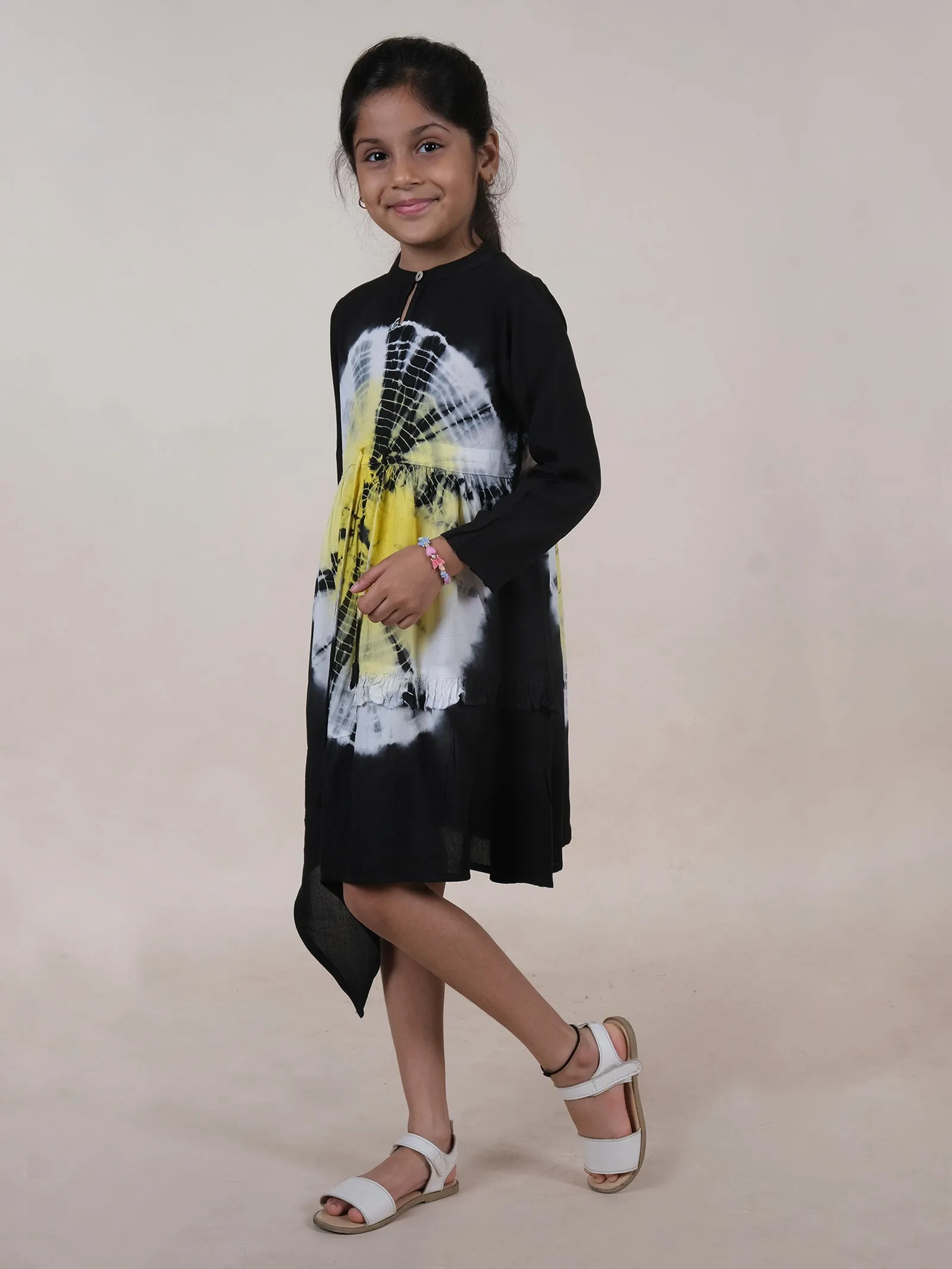 Asymmetric Hem Full Sleeves Tie Dye Dress With Frill Detailing