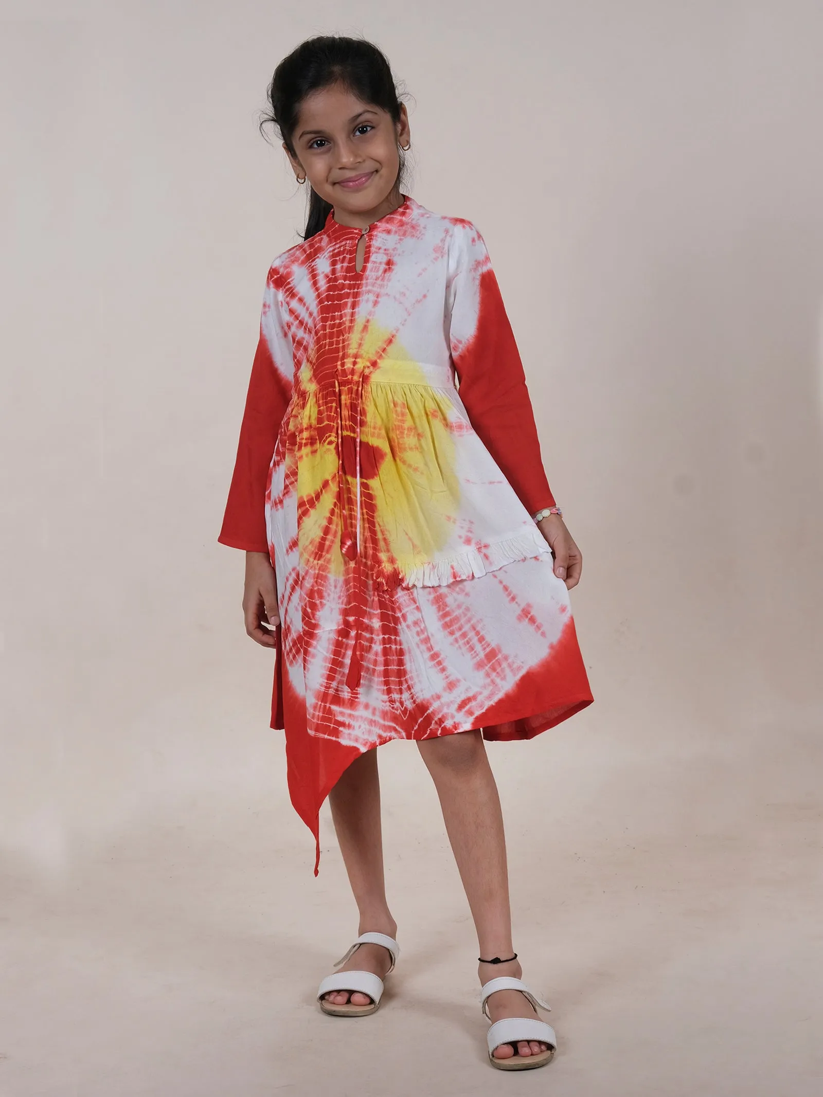 Asymmetric Hem Full Sleeves Tie Dye Dress With Frill Detailing