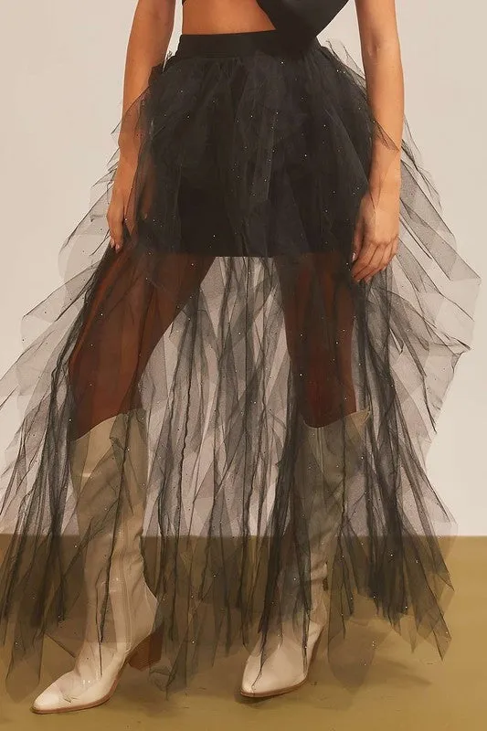 Back Elastic Band Mesh Solid Long Skirt