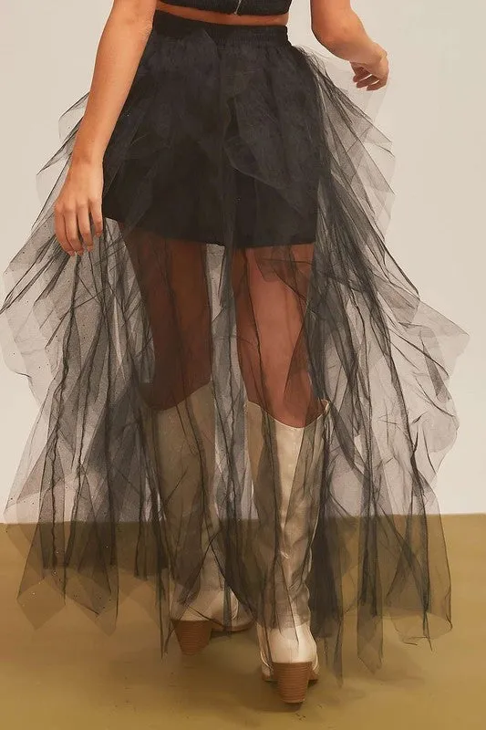 Back Elastic Band Mesh Solid Long Skirt