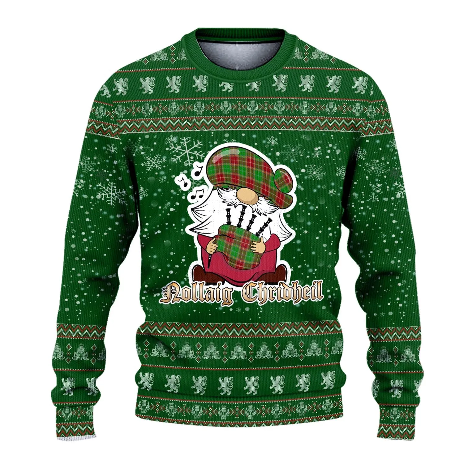 Baxter Modern Clan Christmas Family Ugly Sweater with Funny Gnome Playing Bagpipes