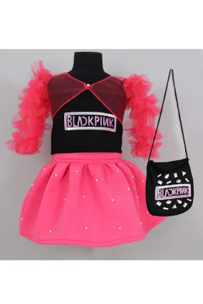 Black And Pink Embroidered Ruffle Dress With Sling Bag