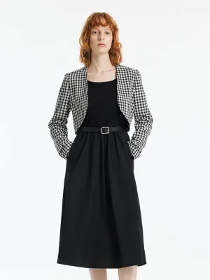 Black And White Check Crop Jacket And Dress Two-Piece Set With Belt