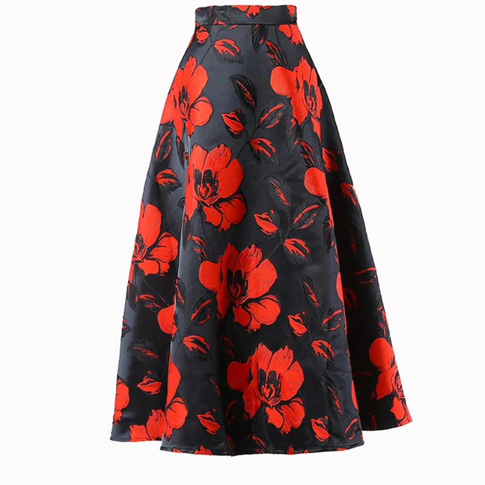Black Casual Slim Print Colorblock Skirt Female Gathered Waist Temperament Skirts For Women Autumn Style