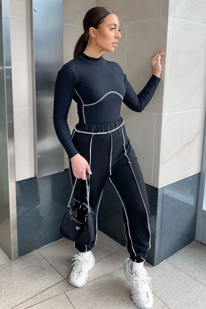 Black Contrast Stitch Joggers - Roaa