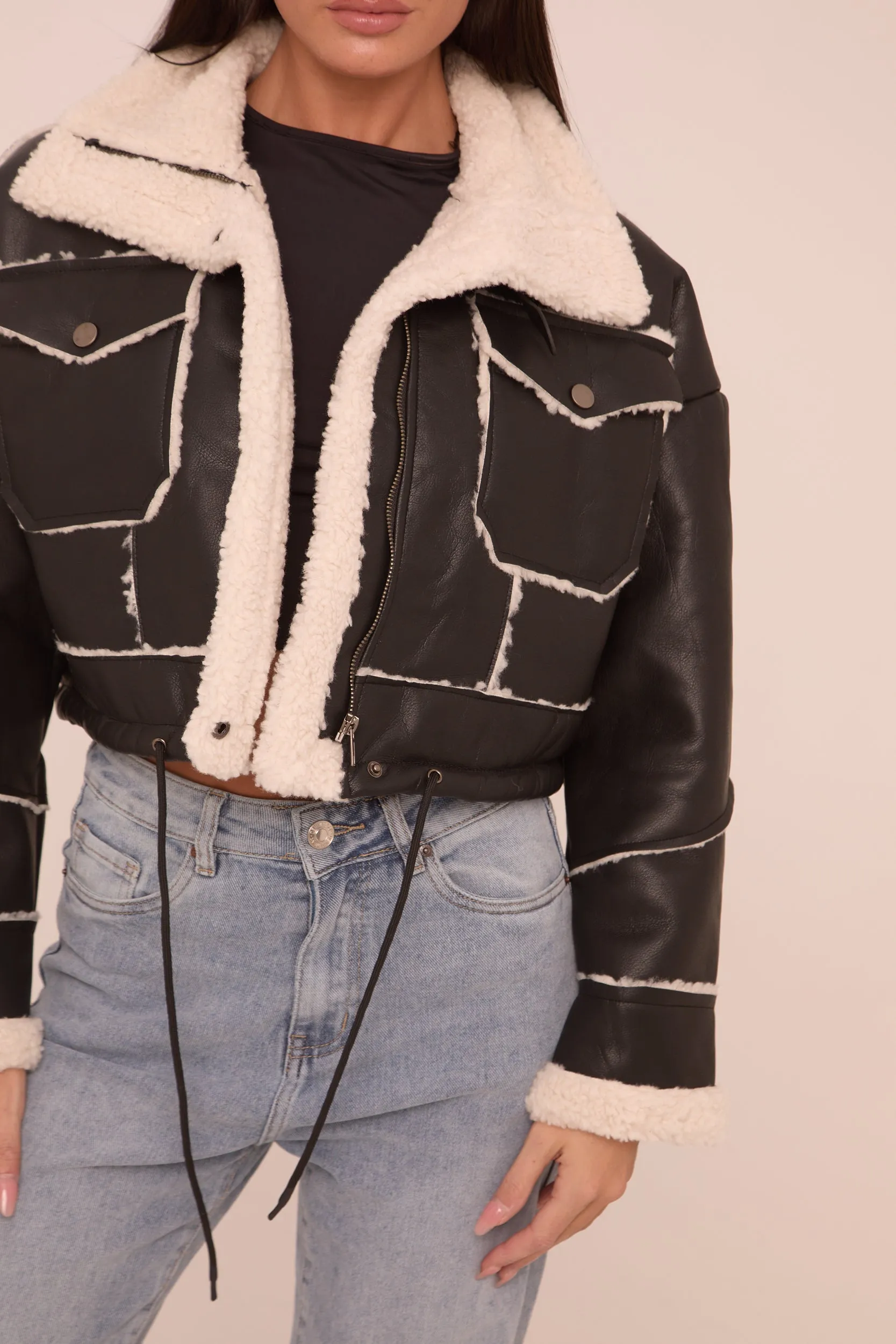 Black Faux Leather Shearling Aviator Cropped Jacket - Avani