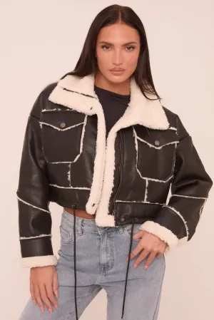Black Faux Leather Shearling Aviator Cropped Jacket - Avani