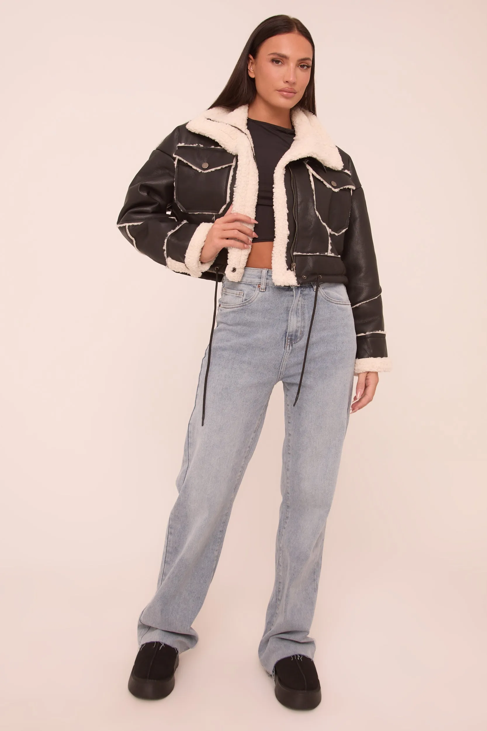 Black Faux Leather Shearling Aviator Cropped Jacket - Avani