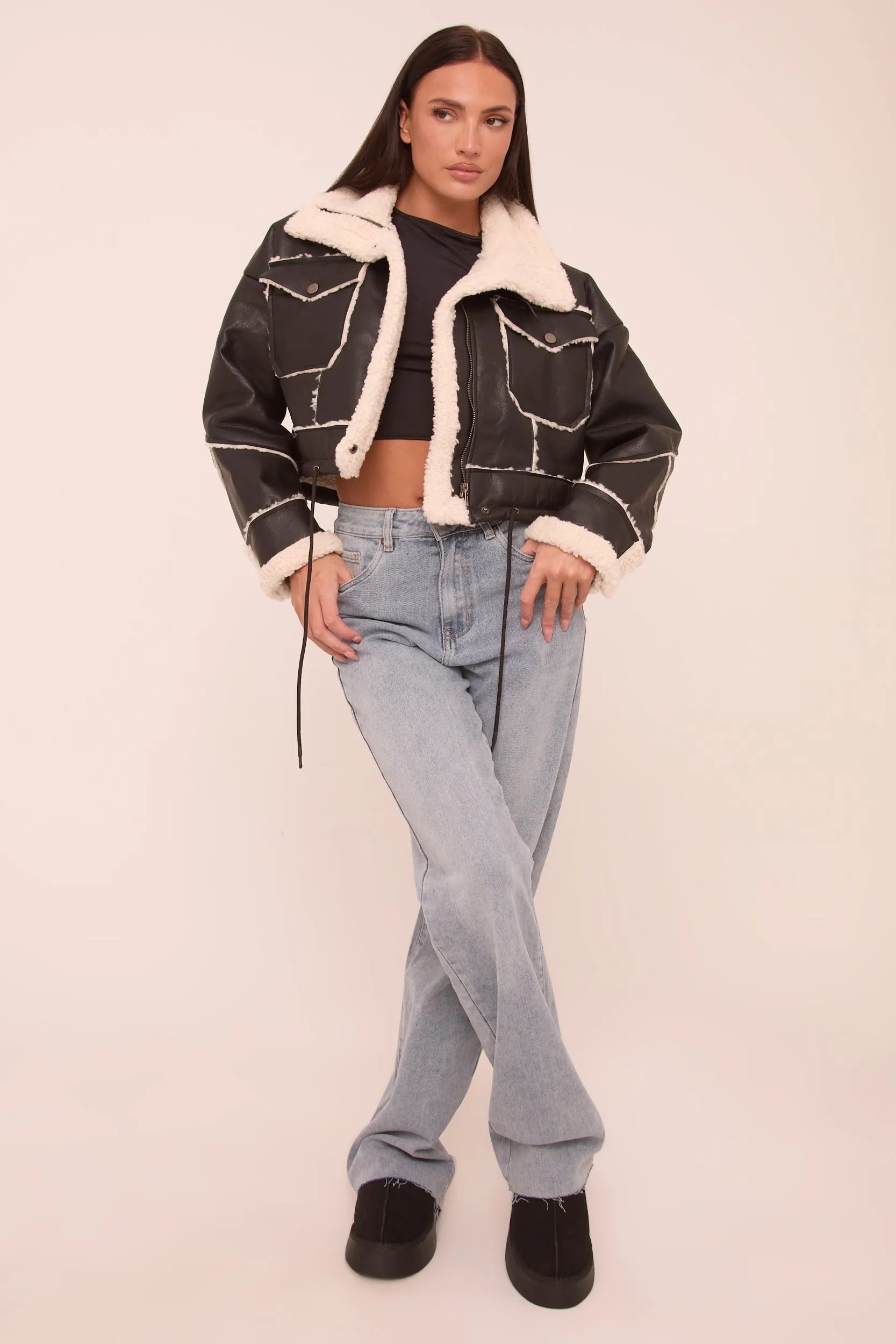 Black Faux Leather Shearling Aviator Cropped Jacket - Avani