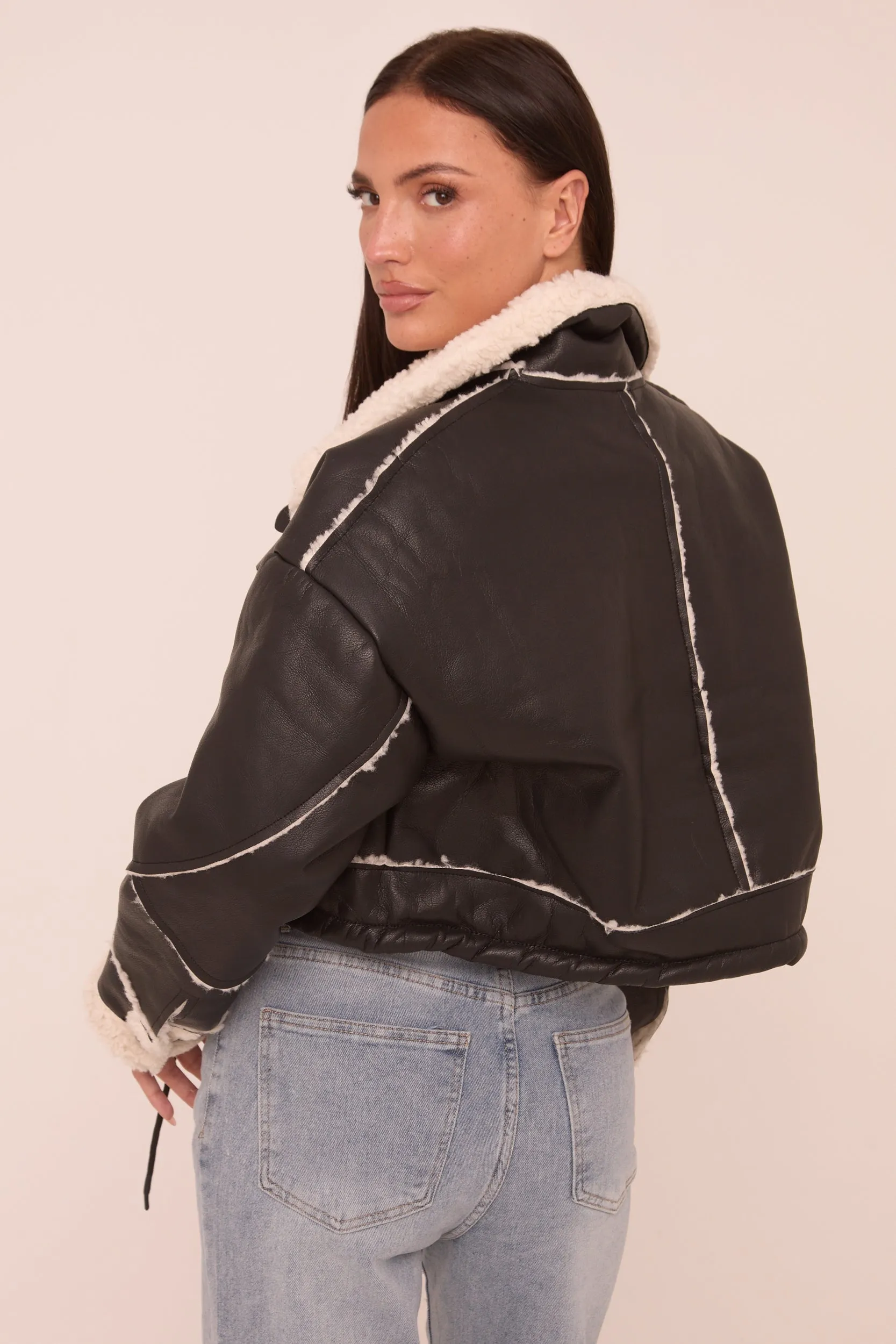 Black Faux Leather Shearling Aviator Cropped Jacket - Avani