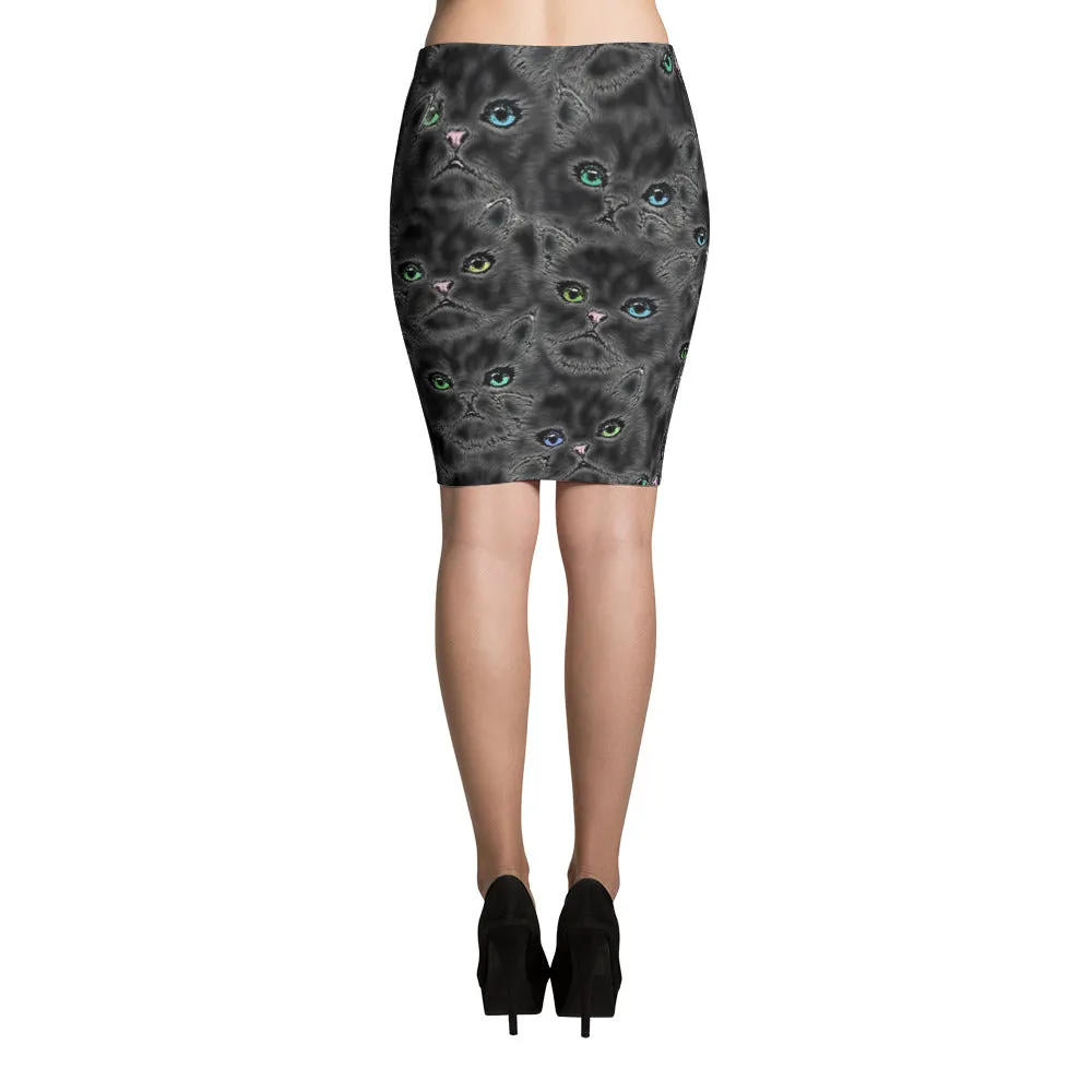 BLACK KITTY FACES Pencil Skirt