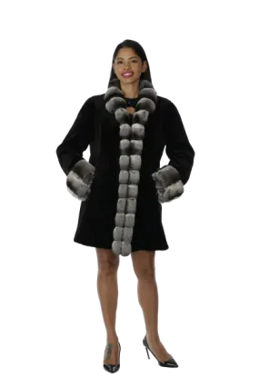 Black Sheared Mink Stroller with Chinchilla Collar, Tuxedo front & Cuffs