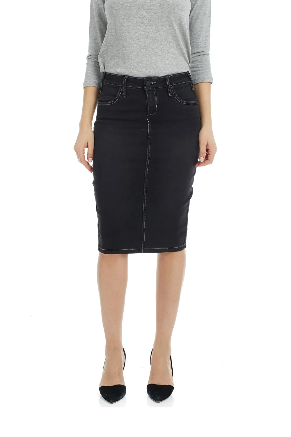 Black Stonewash Knee Length Denim Skirt with Pockets 'Miami'