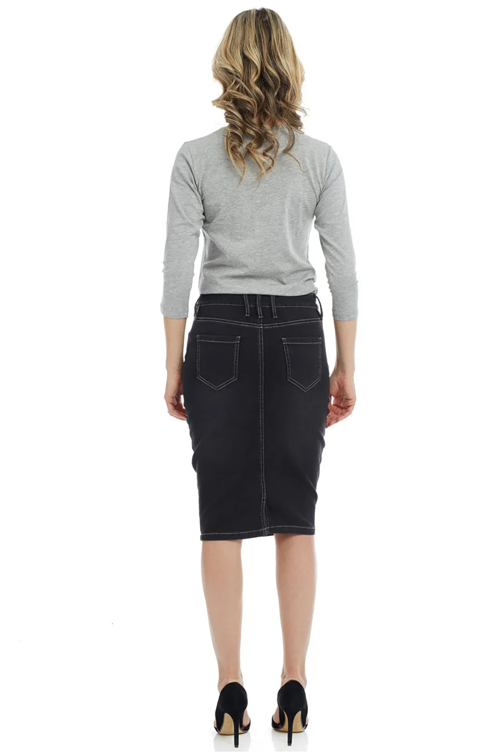 Black Stonewash Knee Length Denim Skirt with Pockets 'Miami'