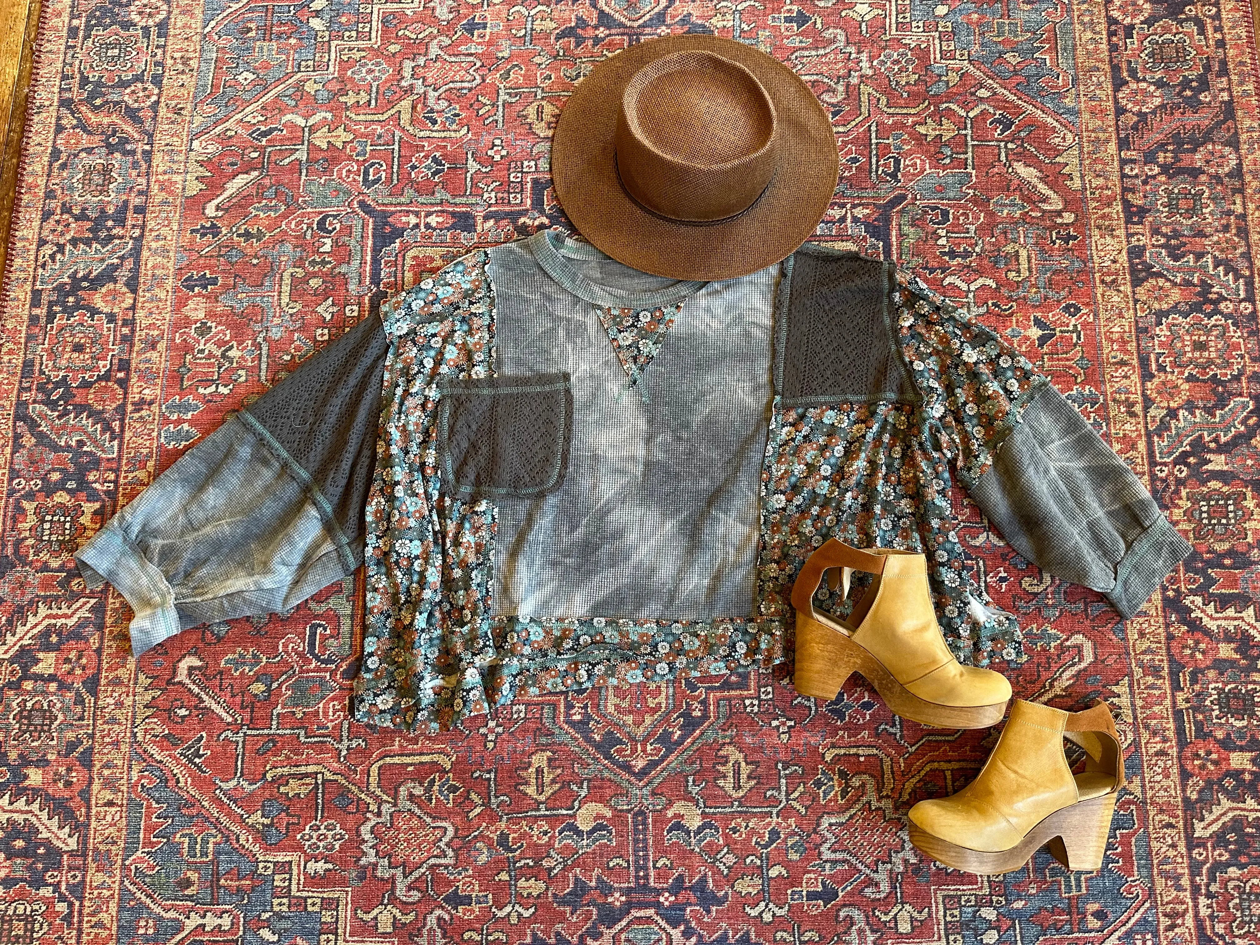 Blue Dawn Patchwork Floral  Lace Thermal Knit Crop Top