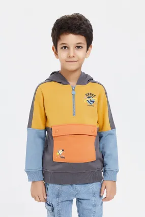 Boys Multicolour Paneled Flap Pocket Hooded Sweat