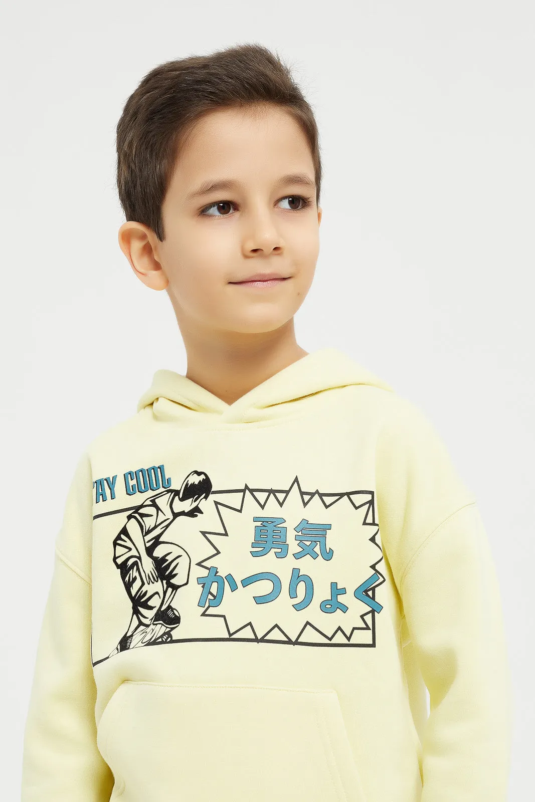 Boys Yellow Printed Hooded Sweatshirt