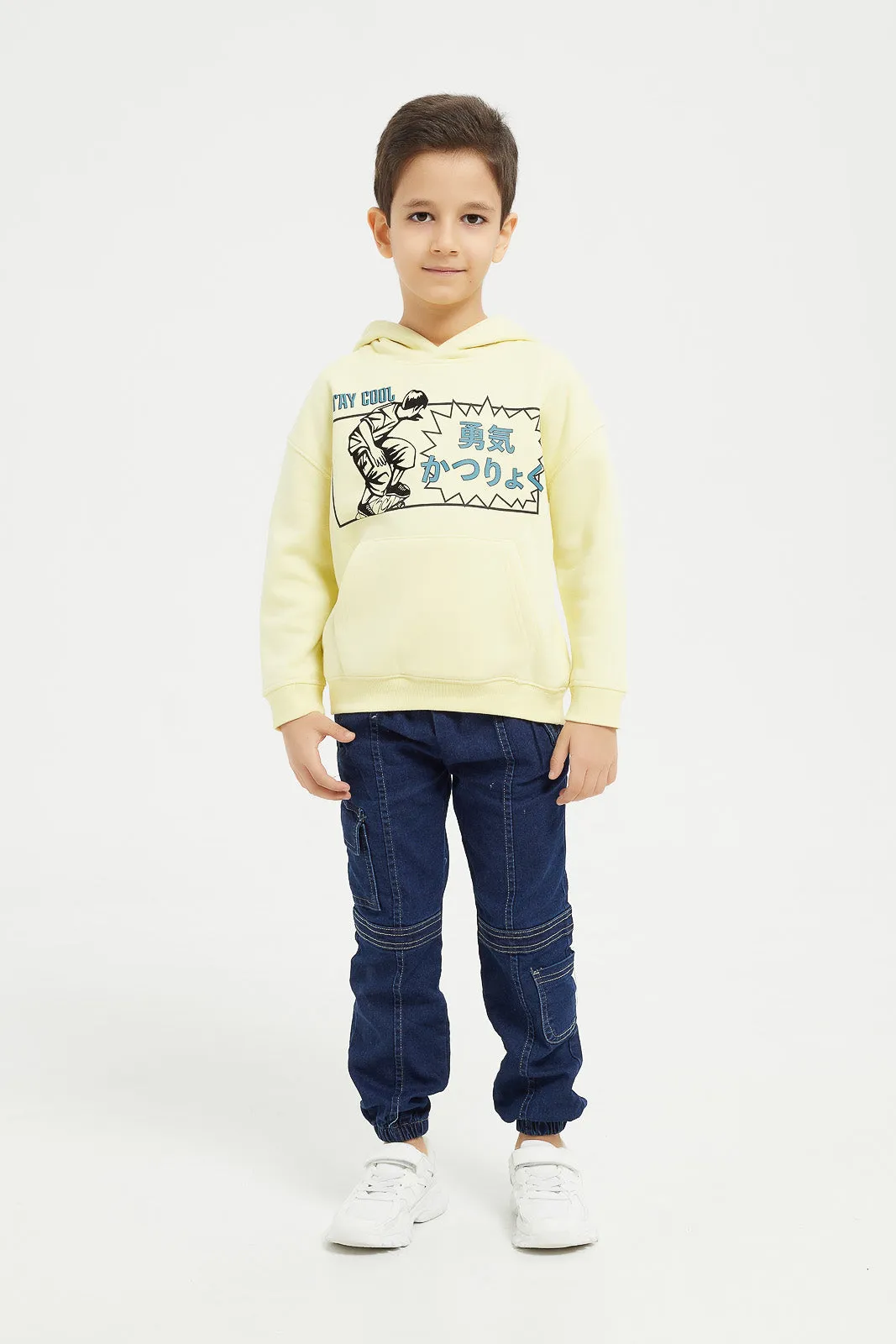 Boys Yellow Printed Hooded Sweatshirt