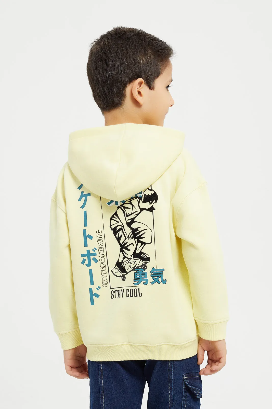 Boys Yellow Printed Hooded Sweatshirt
