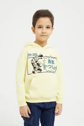 Boys Yellow Printed Hooded Sweatshirt