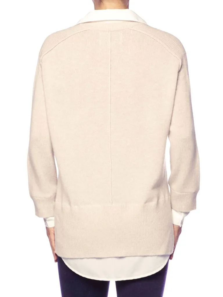 BROCHU WALKER - V Neck Layered Pullover in Almond Buff Melange with white underlayer