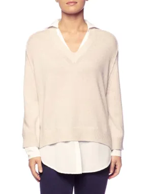 BROCHU WALKER - V Neck Layered Pullover in Almond Buff Melange with white underlayer