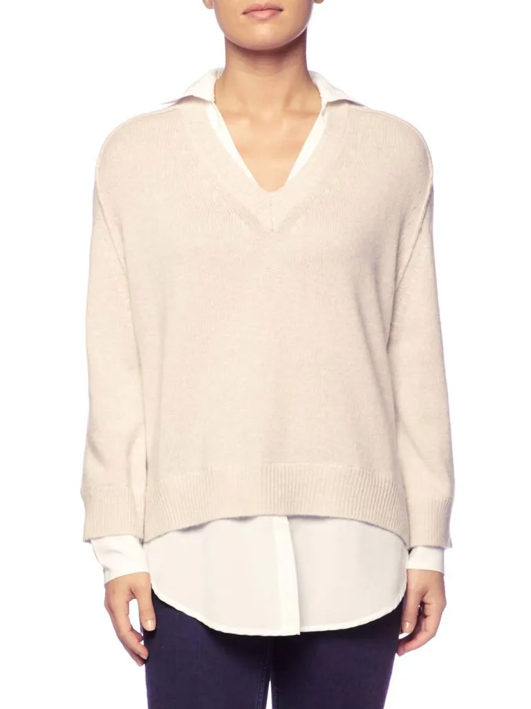 BROCHU WALKER - V Neck Layered Pullover in Almond Buff Melange with white underlayer