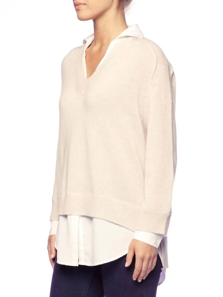 BROCHU WALKER - V Neck Layered Pullover in Almond Buff Melange with white underlayer