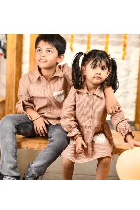 Brown Stripe Printed Heart Patch Cotton Dress