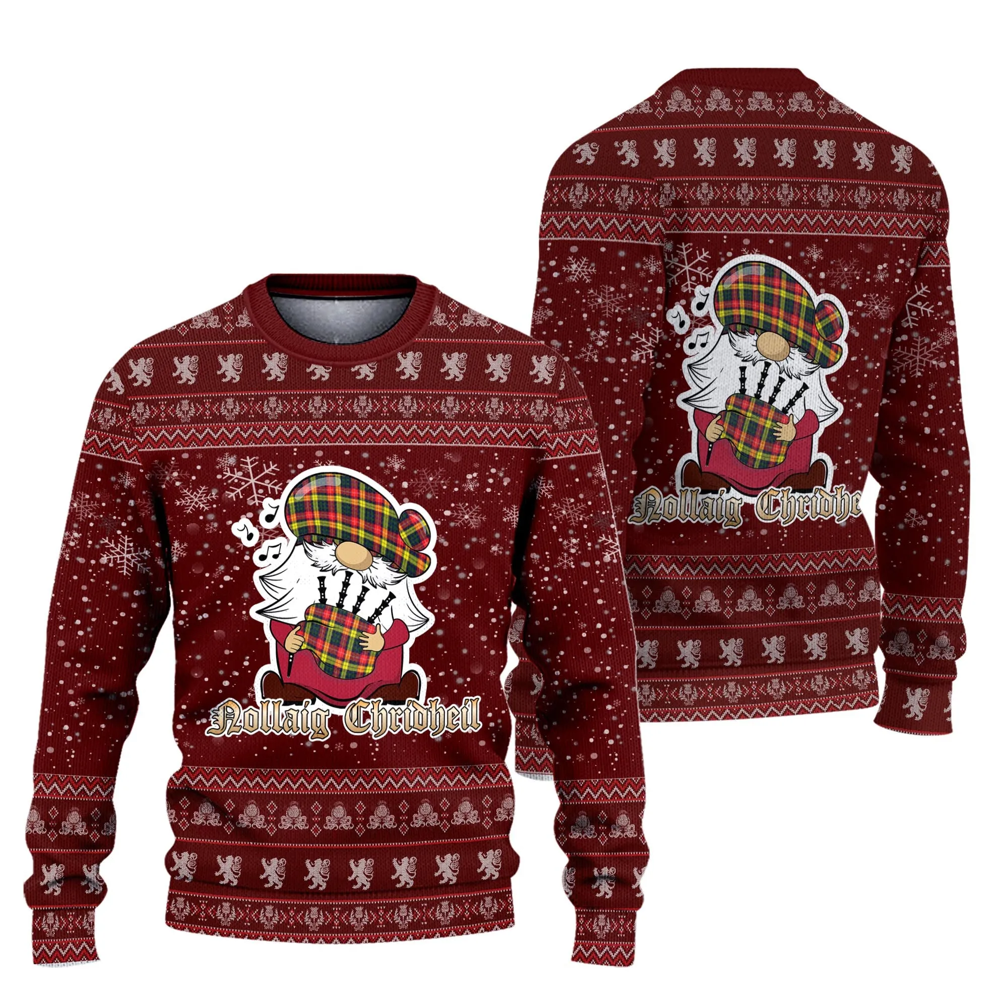 Buchanan Modern Clan Christmas Family Ugly Sweater with Funny Gnome Playing Bagpipes