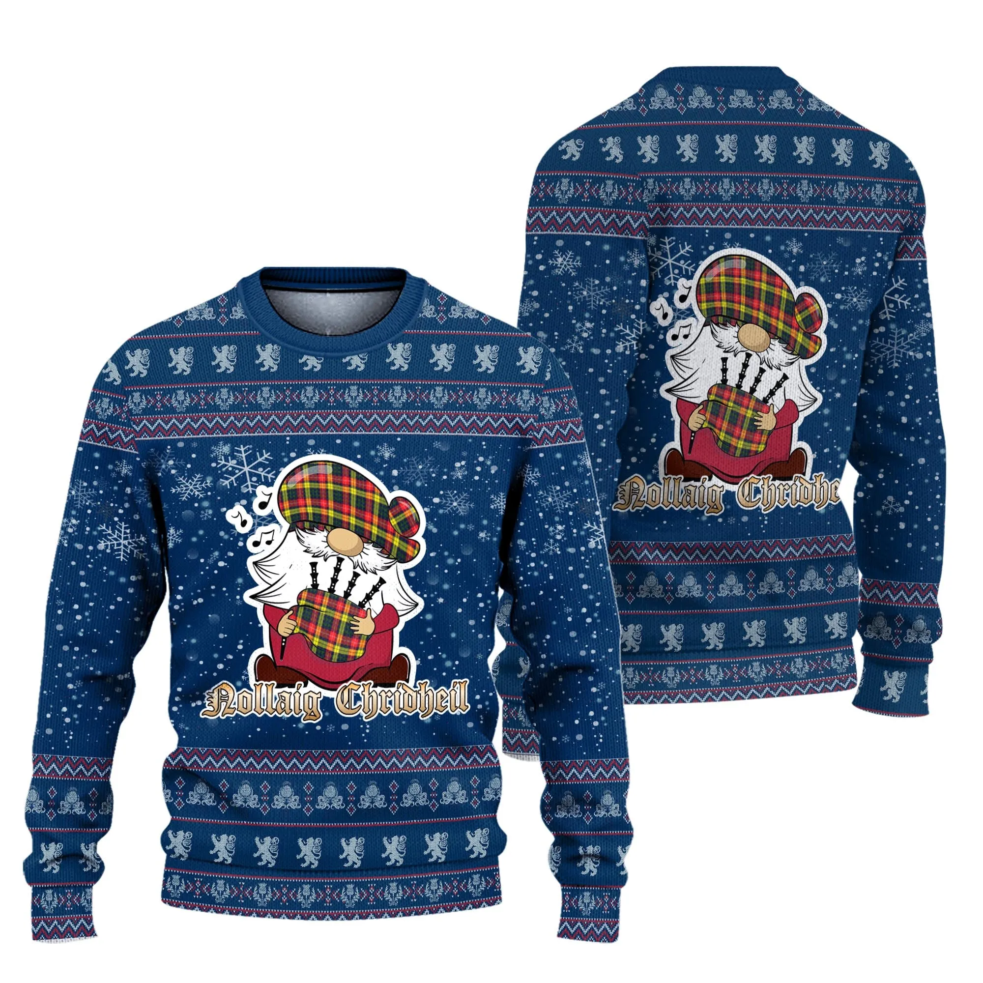 Buchanan Modern Clan Christmas Family Ugly Sweater with Funny Gnome Playing Bagpipes