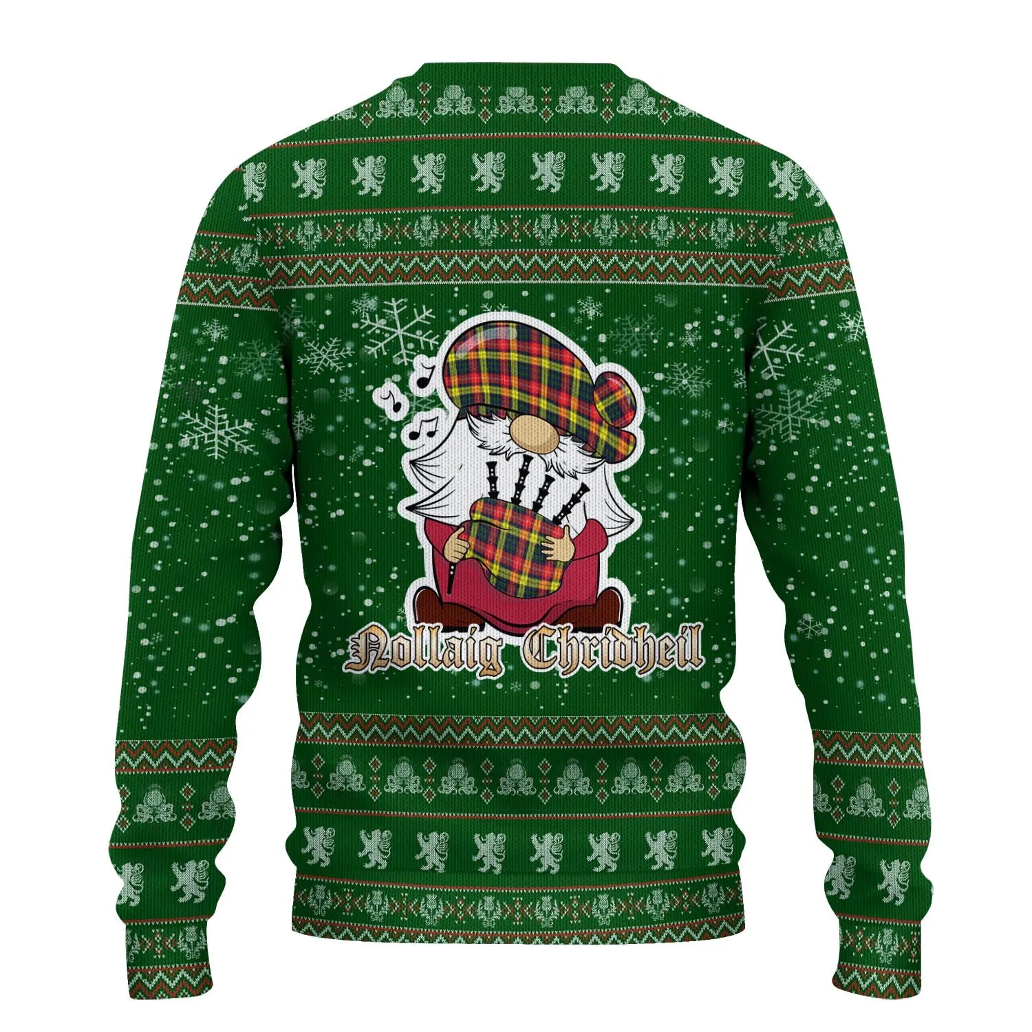 Buchanan Modern Clan Christmas Family Ugly Sweater with Funny Gnome Playing Bagpipes