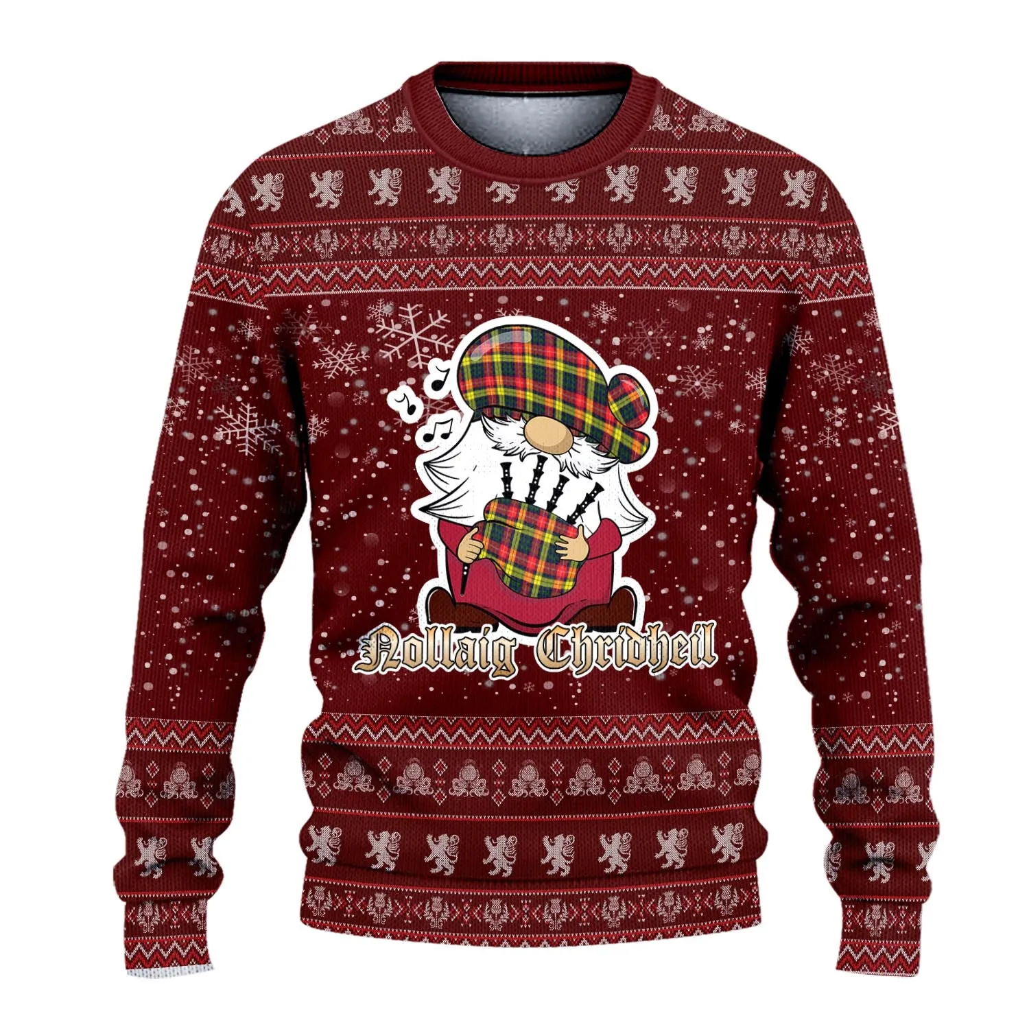 Buchanan Modern Clan Christmas Family Ugly Sweater with Funny Gnome Playing Bagpipes