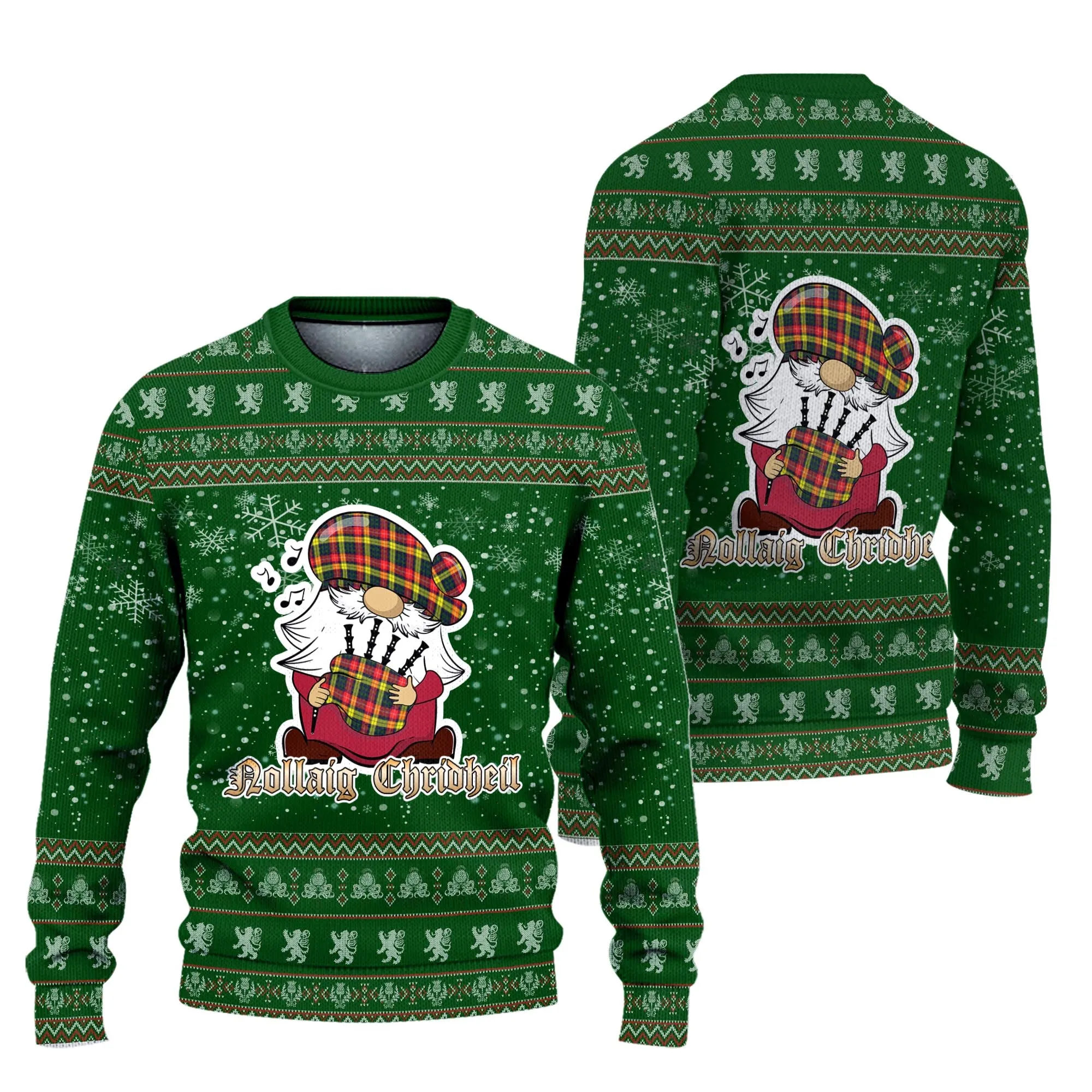 Buchanan Modern Clan Christmas Family Ugly Sweater with Funny Gnome Playing Bagpipes