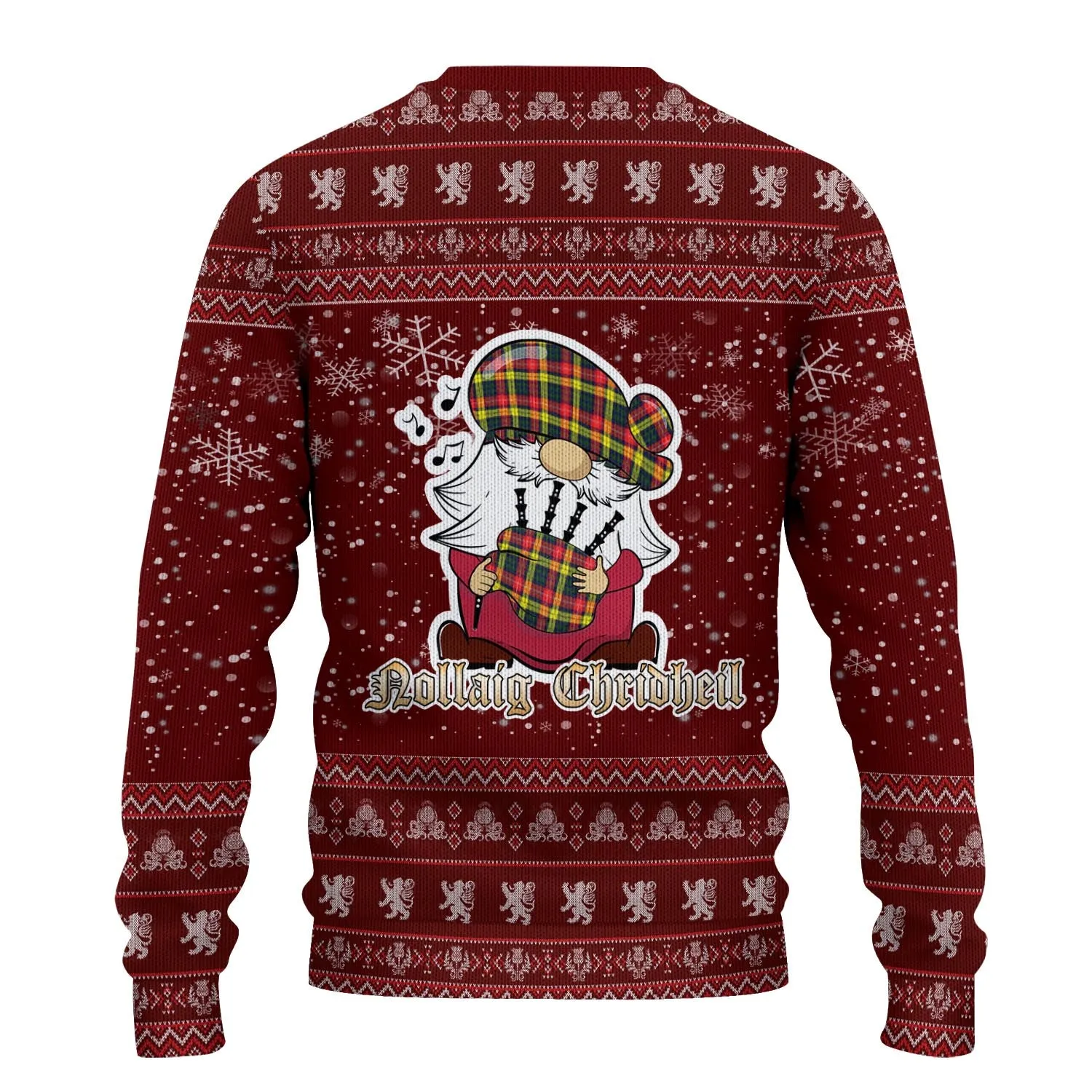 Buchanan Modern Clan Christmas Family Ugly Sweater with Funny Gnome Playing Bagpipes