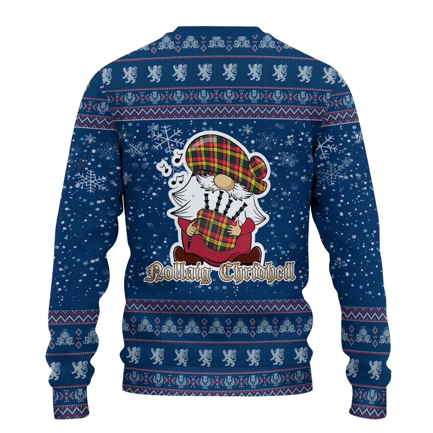 Buchanan Modern Clan Christmas Family Ugly Sweater with Funny Gnome Playing Bagpipes