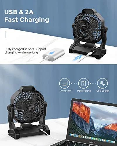 Camping Fan with LED Lantern, 10400mAh 9-Inch Rechargeable Outdoor Tent Fan, 270°Head Rotation, Stepless Speed and Quiet Battery Operated USB Fan for Picnic, Barbecue, Fishing, Travel