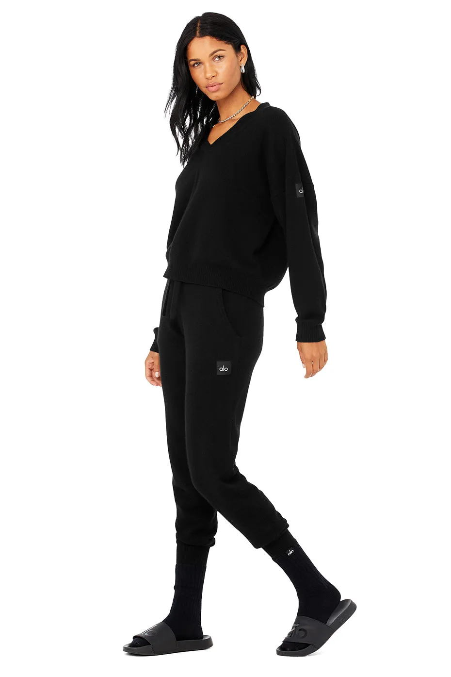 Cashmere Jet Set V-Neck Pullover & Cashmere Jet Set Pant Set - Black